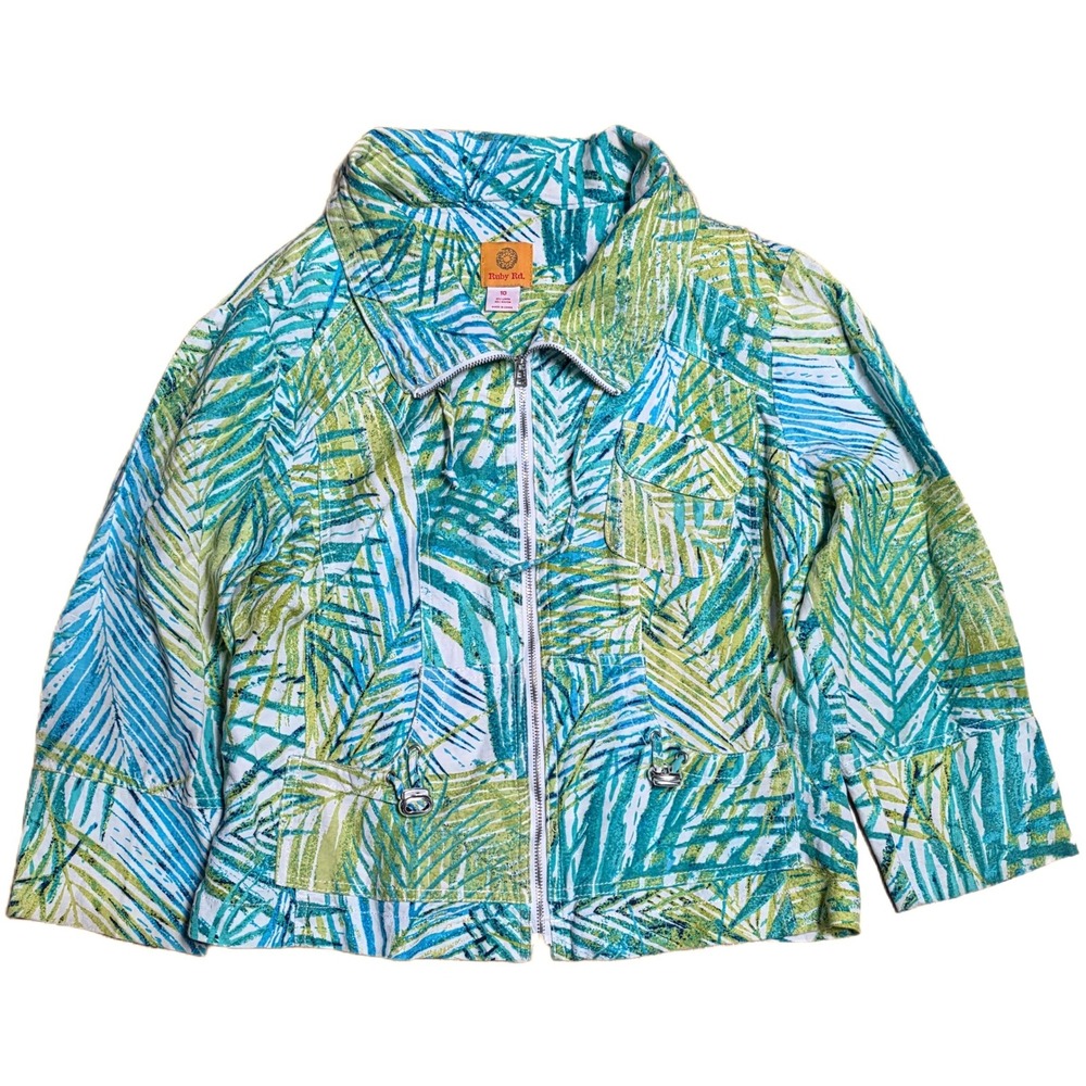 Ruby Rd‎ Jacket Women's Size 10 Green Linen Blend Tropical Print Zip Front